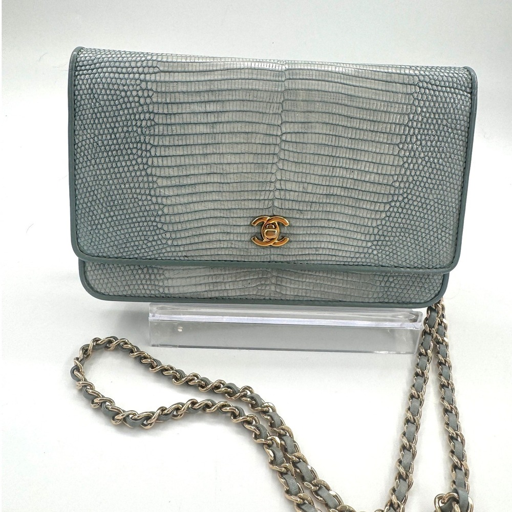 Chanel Lizard Skin Wallet on Chain WOC Light Blue Gold Hardware CC Turn Lock